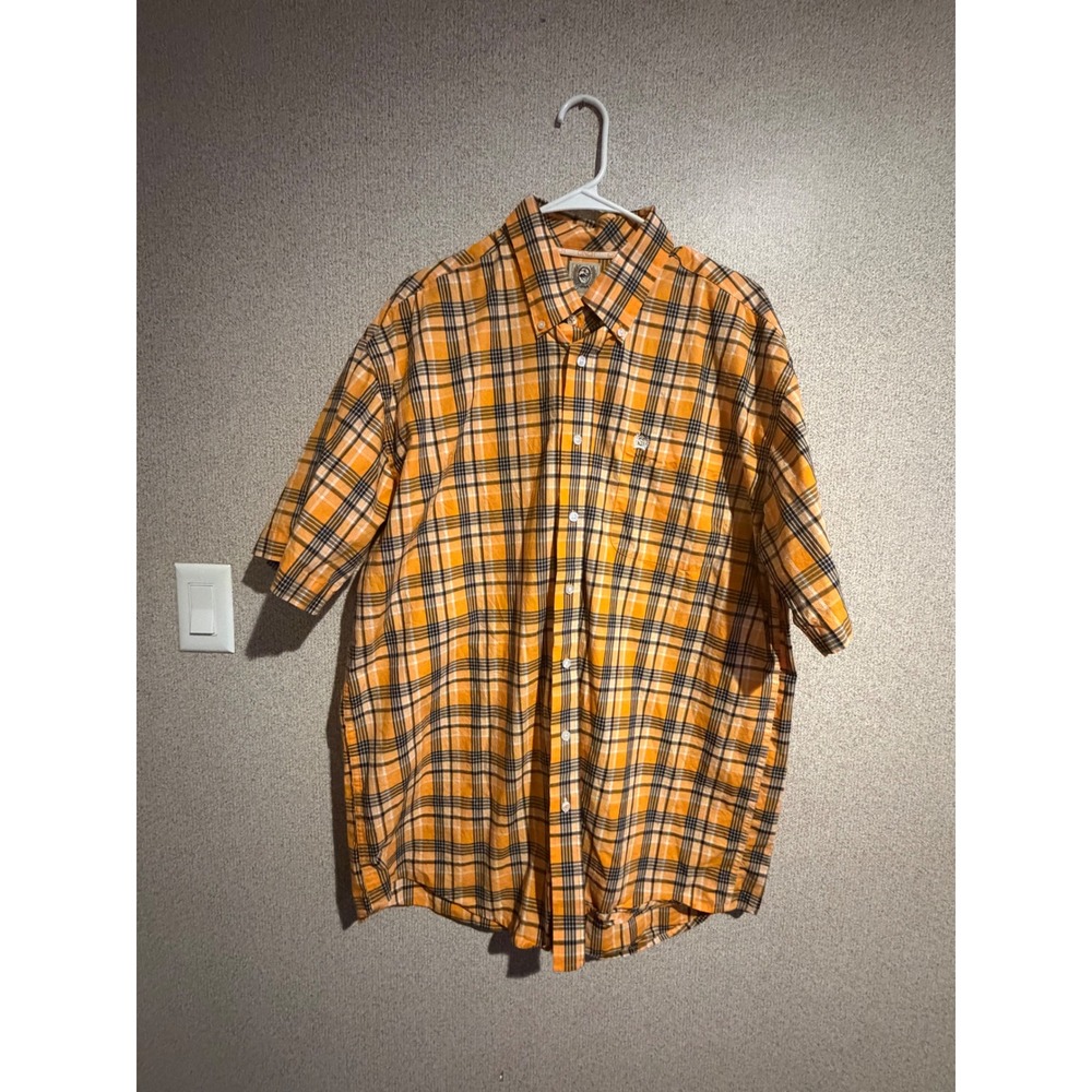 Cinch Mens Large Orange Plaid Short Sleeve Western Button Down Shirt Logo Pocket